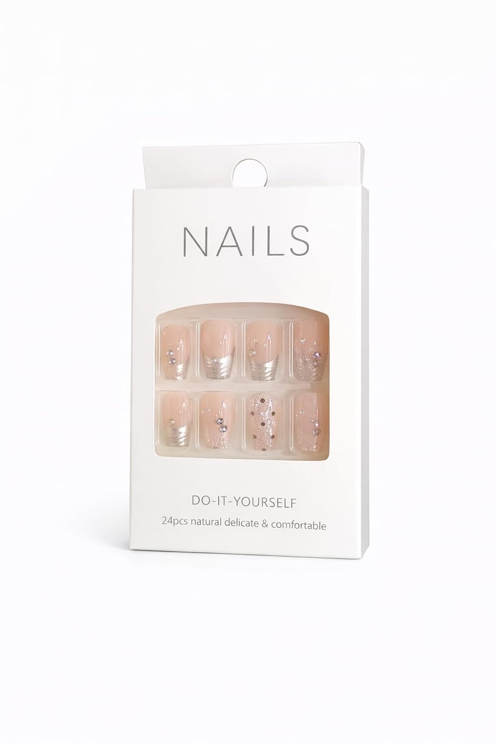 Nude Polka Dot Press-On Nails - Soft Pink with Black Dots & Silver Accents