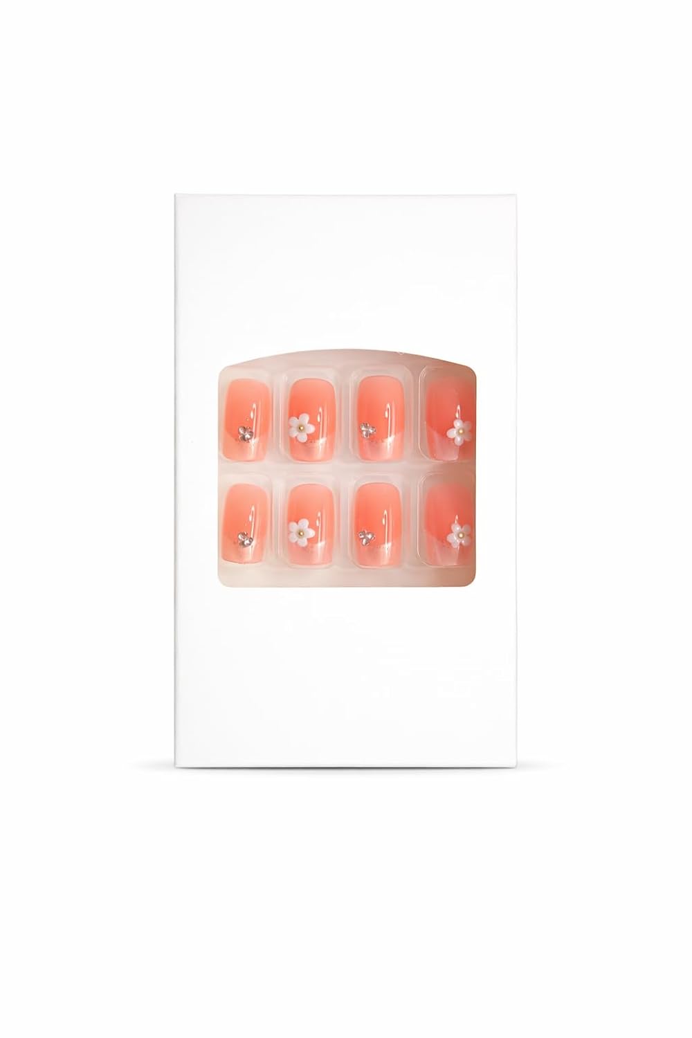 Peachy Blossom Press-On Nails - Coral Gradient with Floral Accents