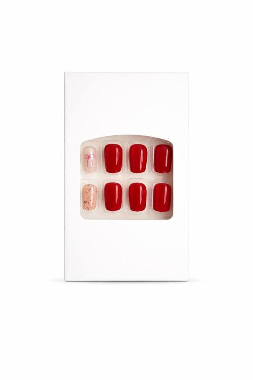 Burgundy Red Press-On Nails with Bow & Gem Accents - 24 Pcs