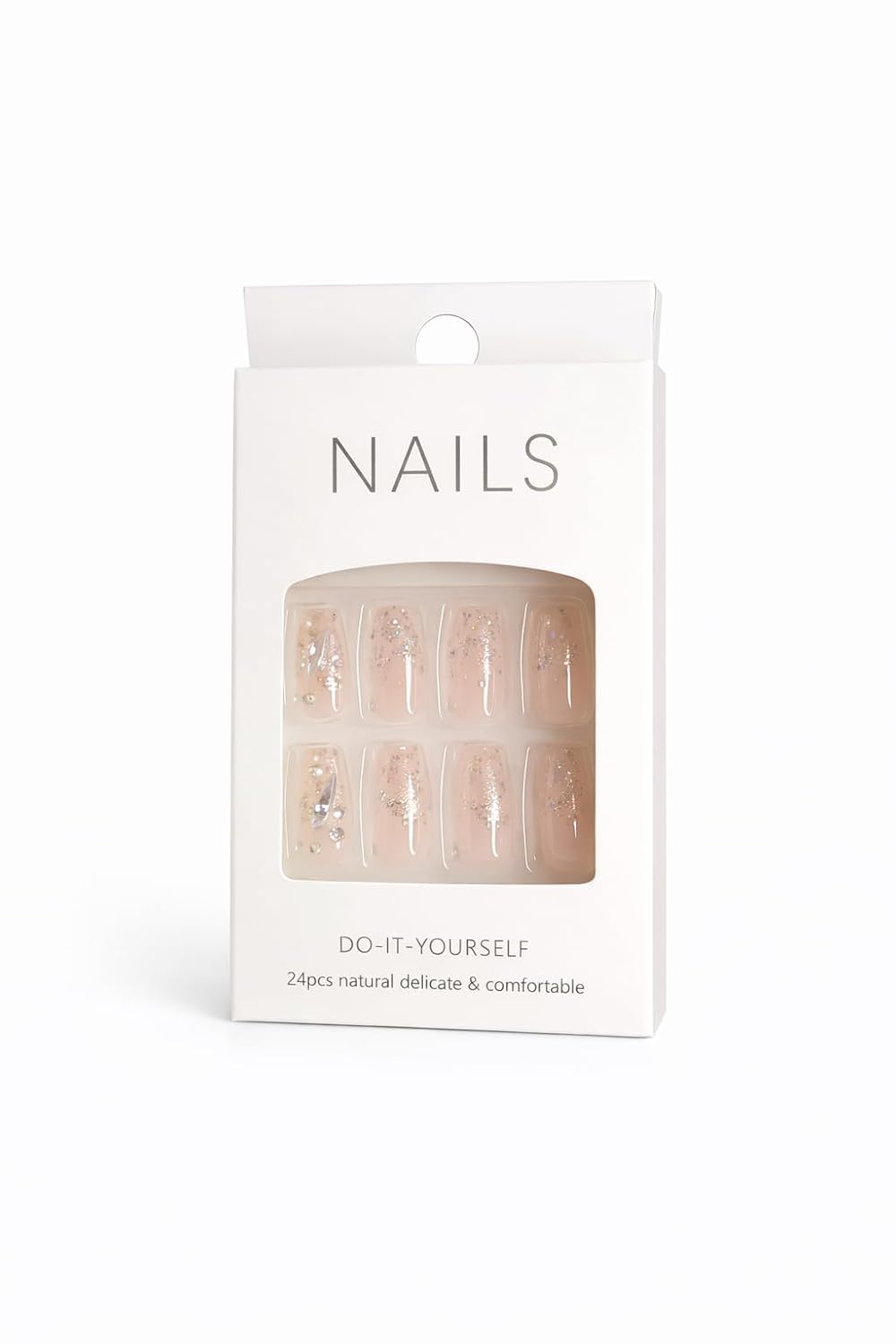 Crystal Glam Press-On Nails - Nude with Silver Glitter & Gem Accents