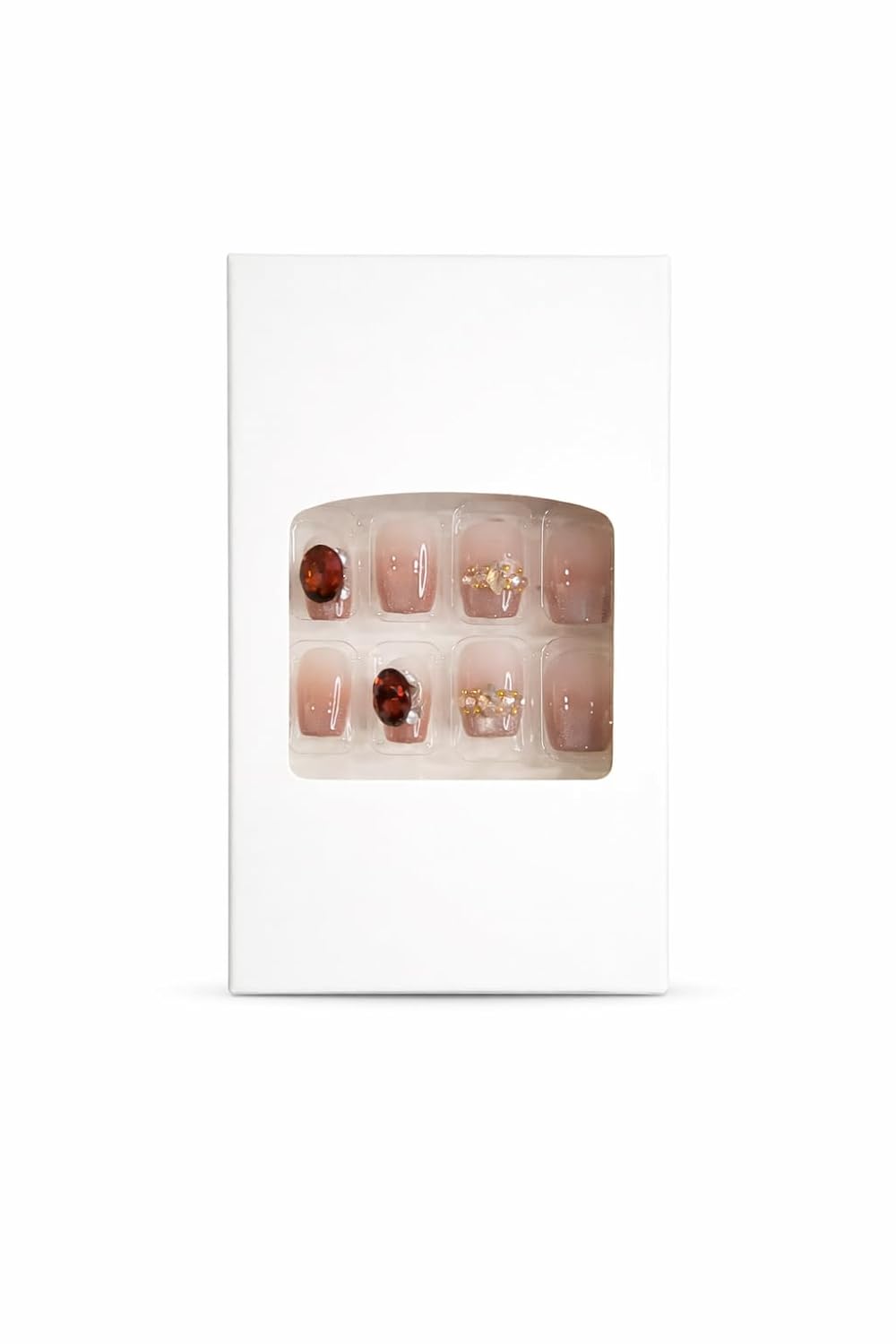 Luxe Nude Press-On Nails with Gold Accents & Gemstones - 24 Pcs