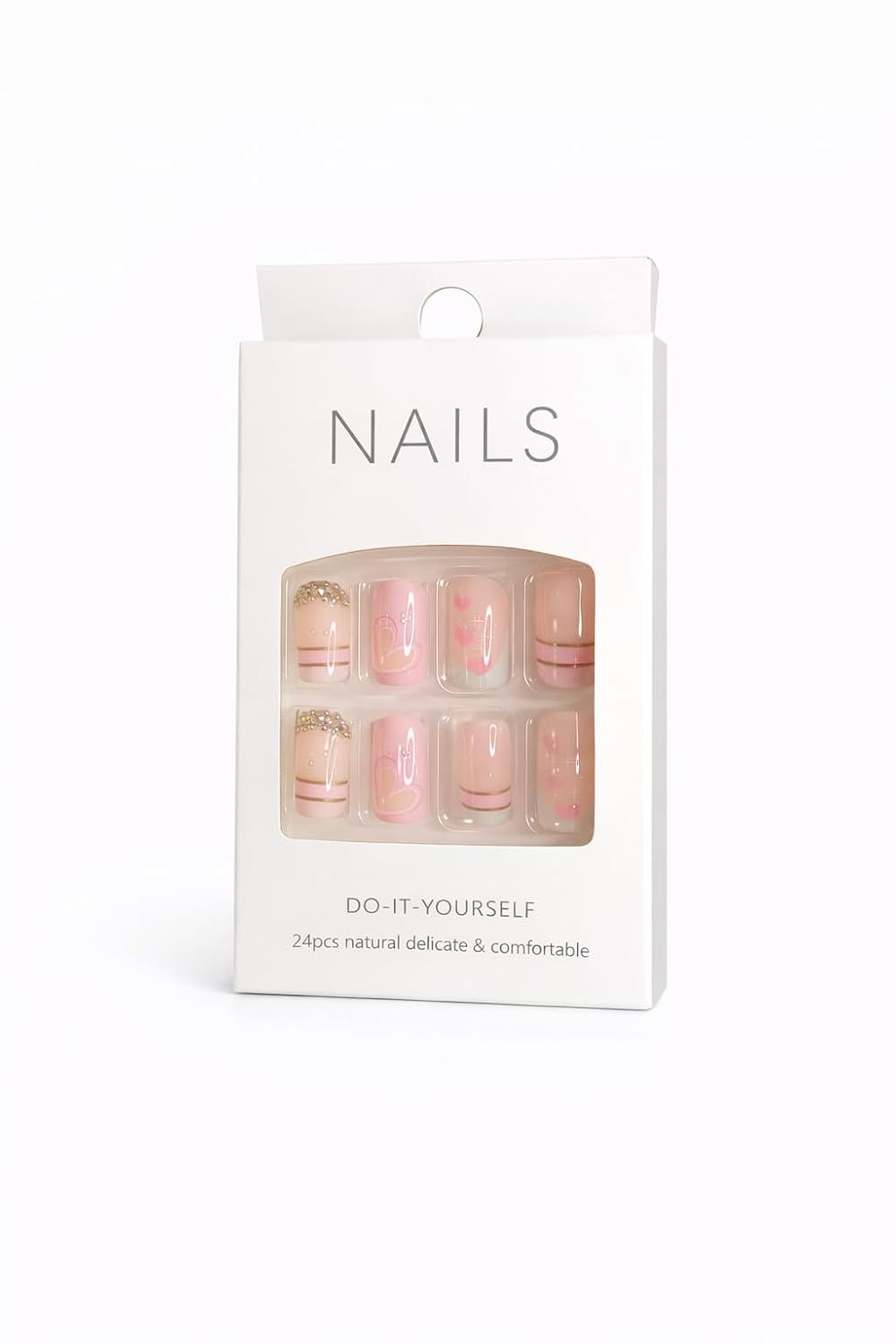 Pink Heart French Tip Press-On Nails - Nude with White Tips & Heart Accents