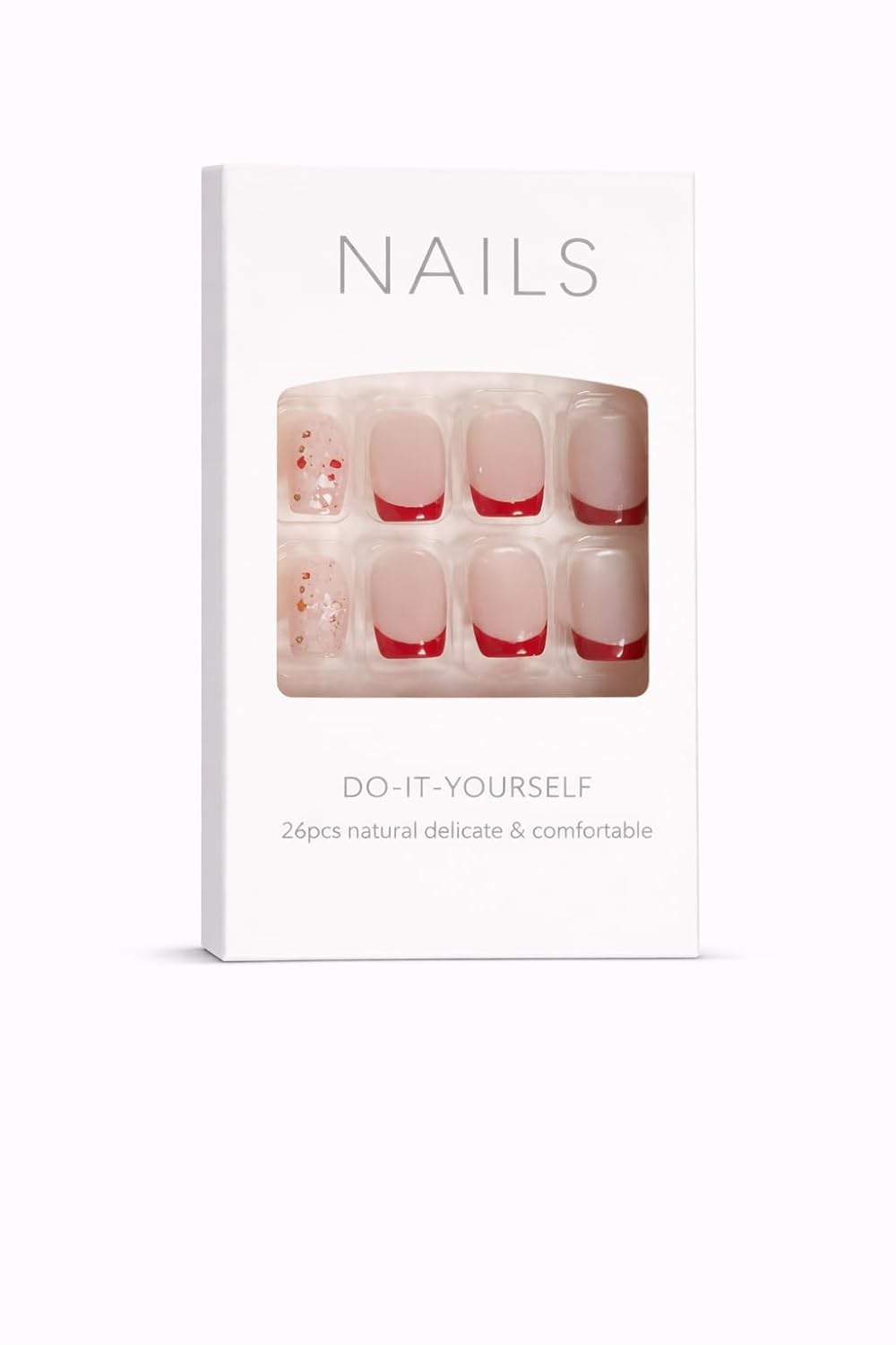 Red French Tip Press-On Nails with Glitter Accents - 24 Pcs