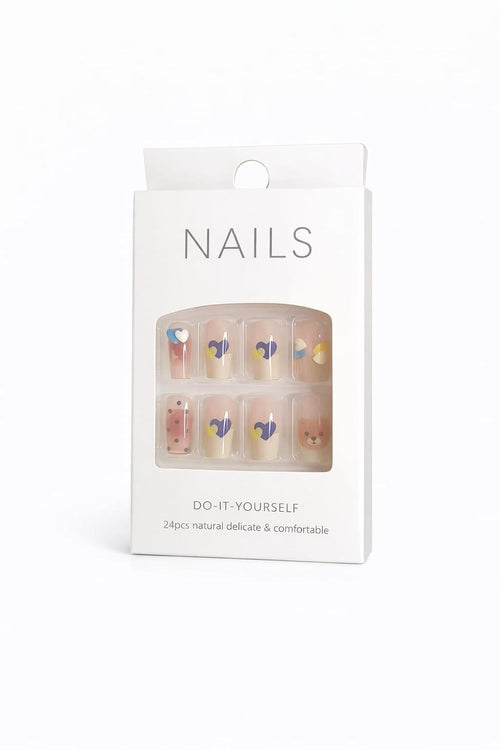 Colorful Heart Charm Press-On Nails - Multicolor with Heart & Flower Accents