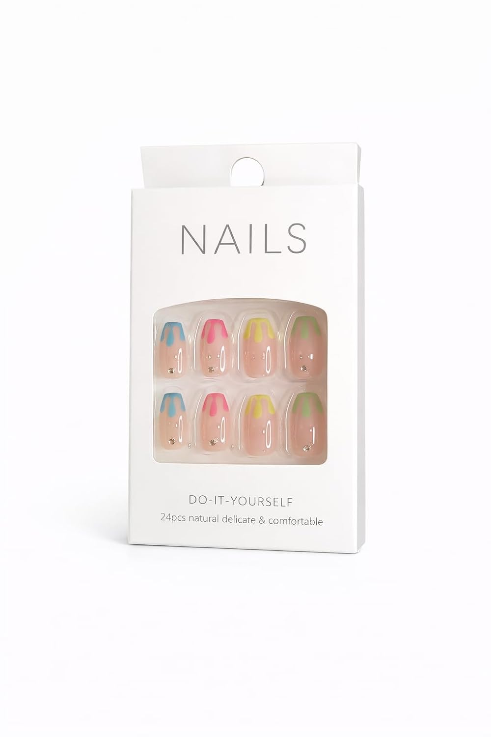 Neon Rainbow Gradient Press-On Nails - Multicolor Ombre with Gem Accents