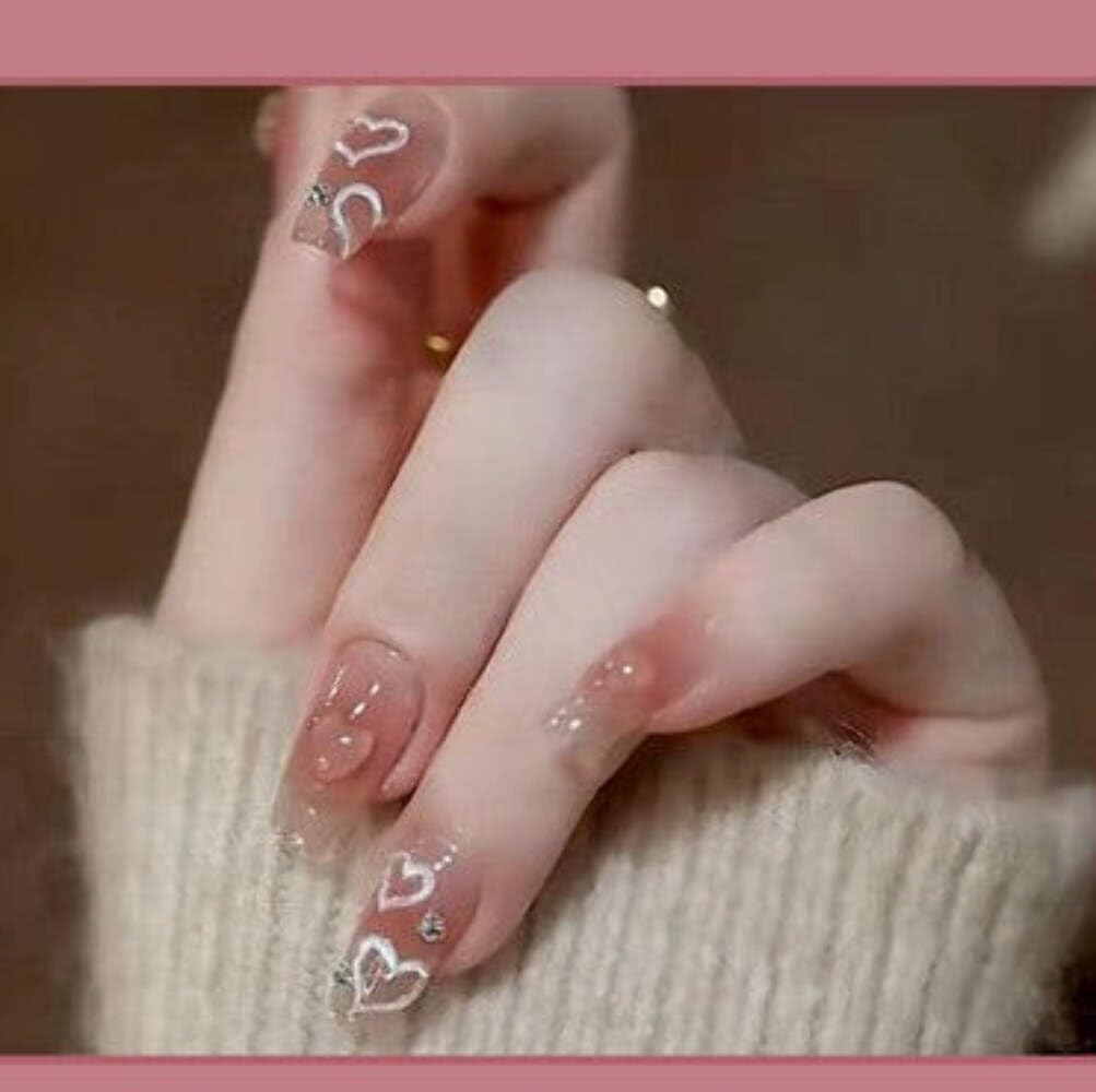 Romantic Hearts Press-On Nails - Mauve Pink with Pearl Heart Accents