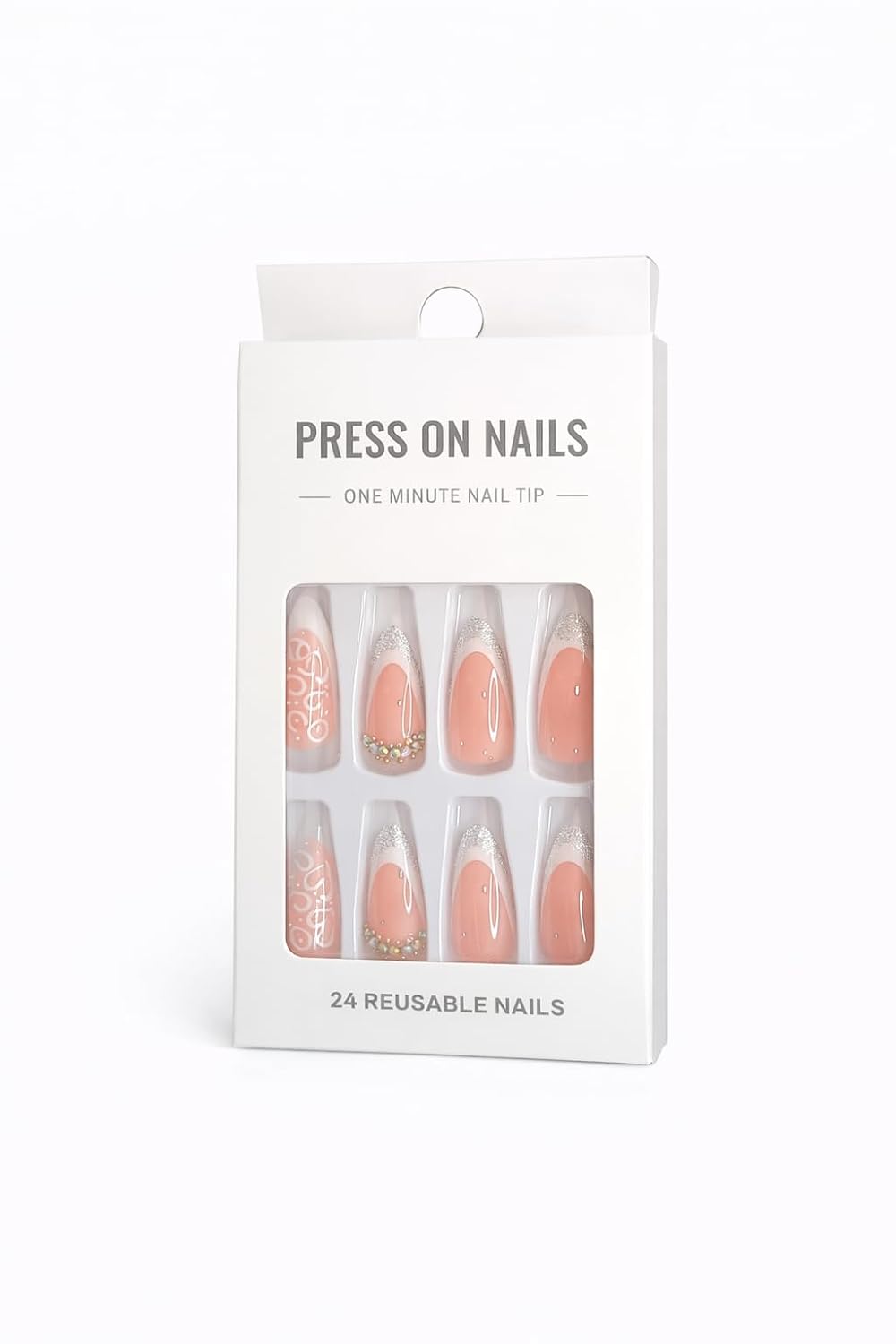 White Heart French Tip Press-On Nails - Nude with White Tips & Heart Art