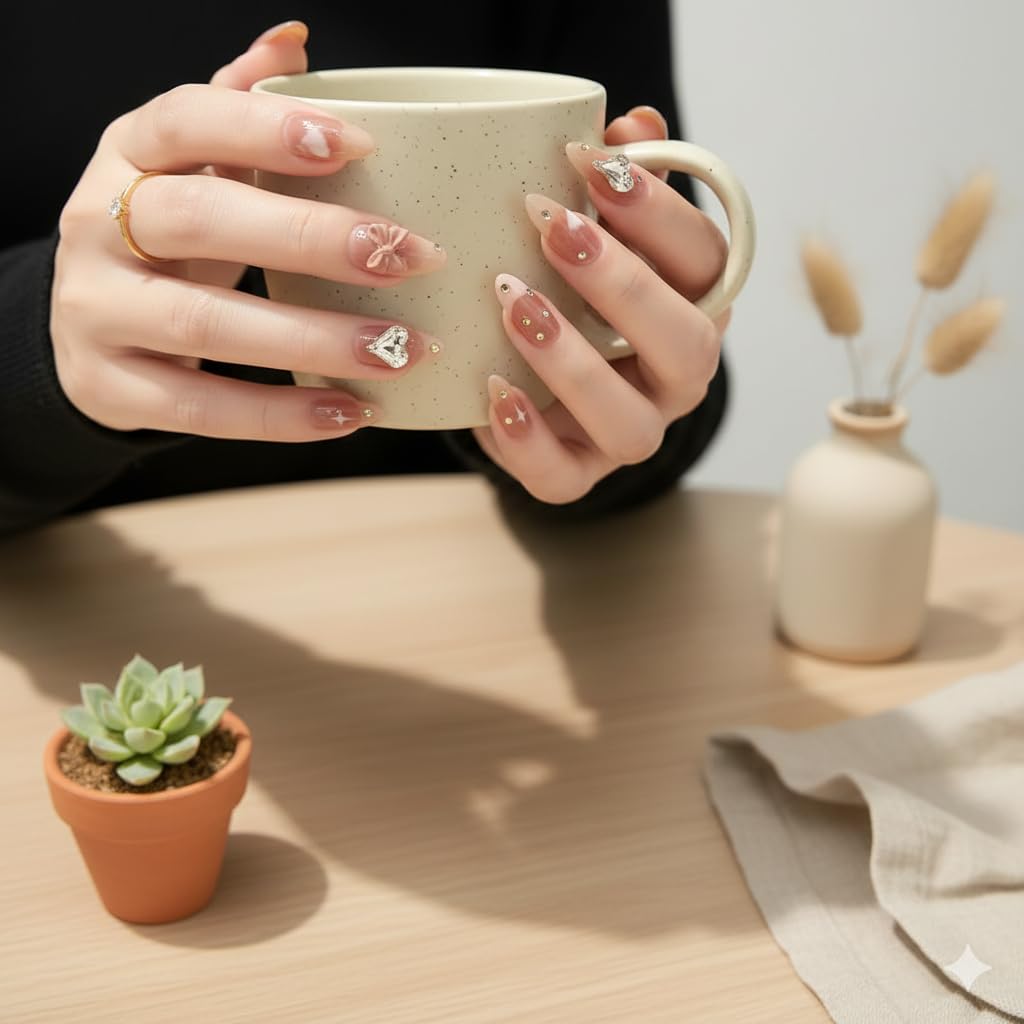 Rosy Bow Charm Press-On Nails - Pink Gradient with Bow & Heart Gems