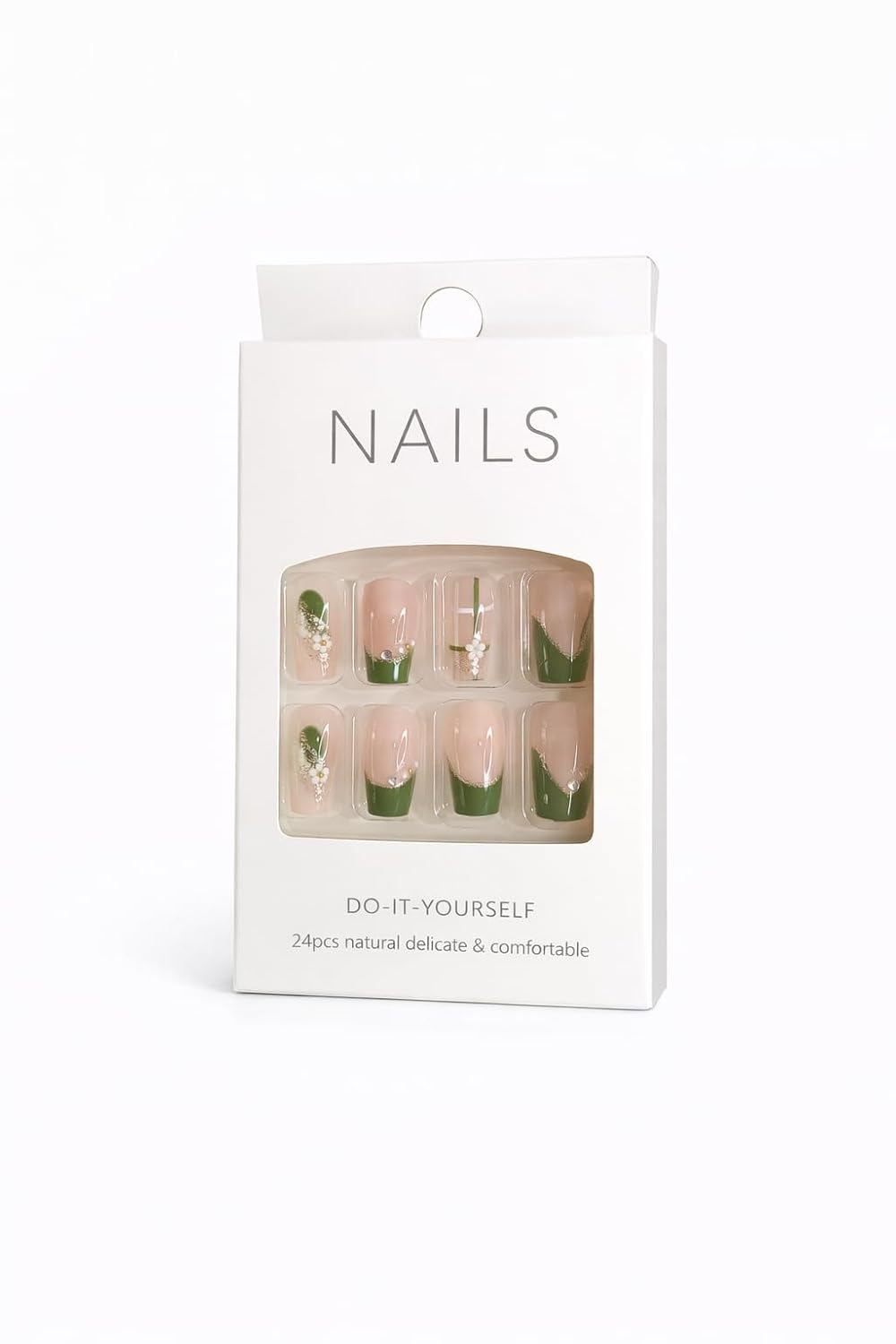 Olive Green French Tip Press-On Nails - Nude with Green Tips & Floral Accents