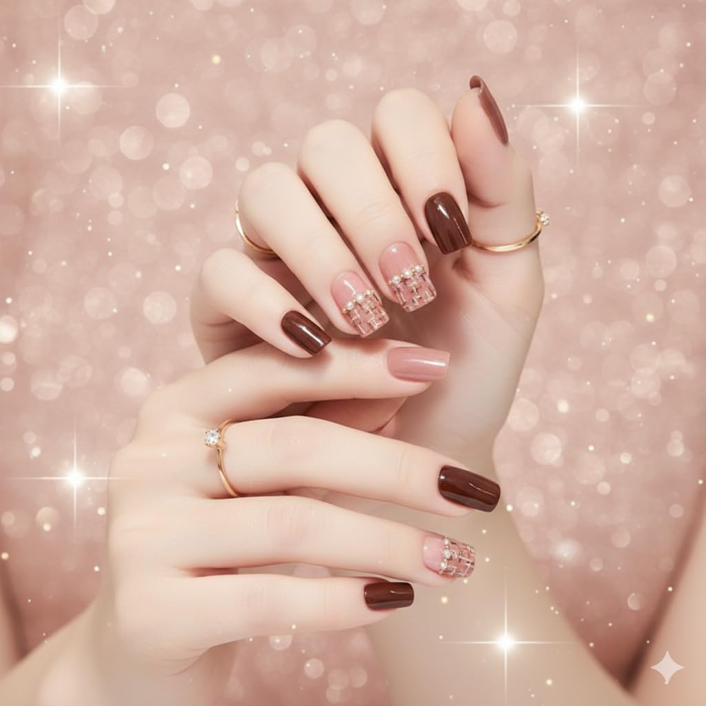 Chocolate Rose Plaid Press-On Nails - Brown & Pink with Gold Accents