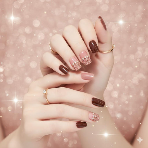 Chocolate Rose Plaid Press-On Nails - Brown & Pink with Gold Accents