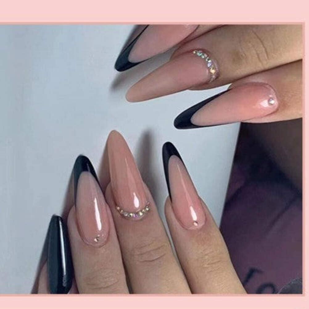 Black French Tip Press-On Nails - Nude with Black Tips & Crystal Accents