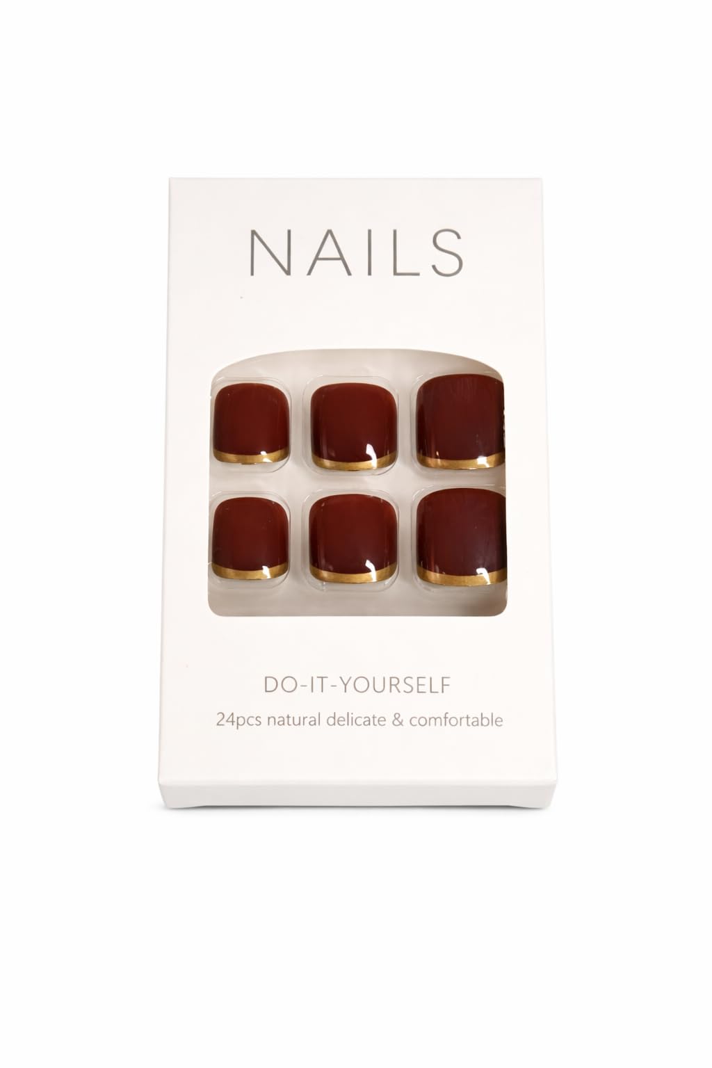 Burgundy Square Press-On Toenails with Gold Trim (24 Pcs) – Luxury Look