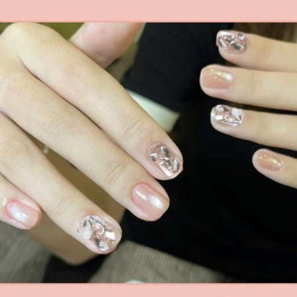 Pearlescent Charm Press-On Nails - Soft Pink with Silver Foil Accents