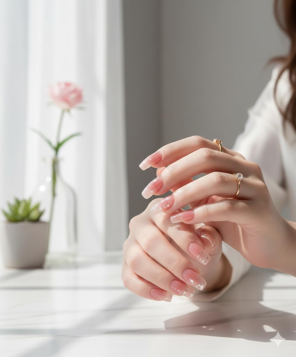 Rose Quartz Sparkle Press-On Nails - Nude to Pink Gradient with Glitter