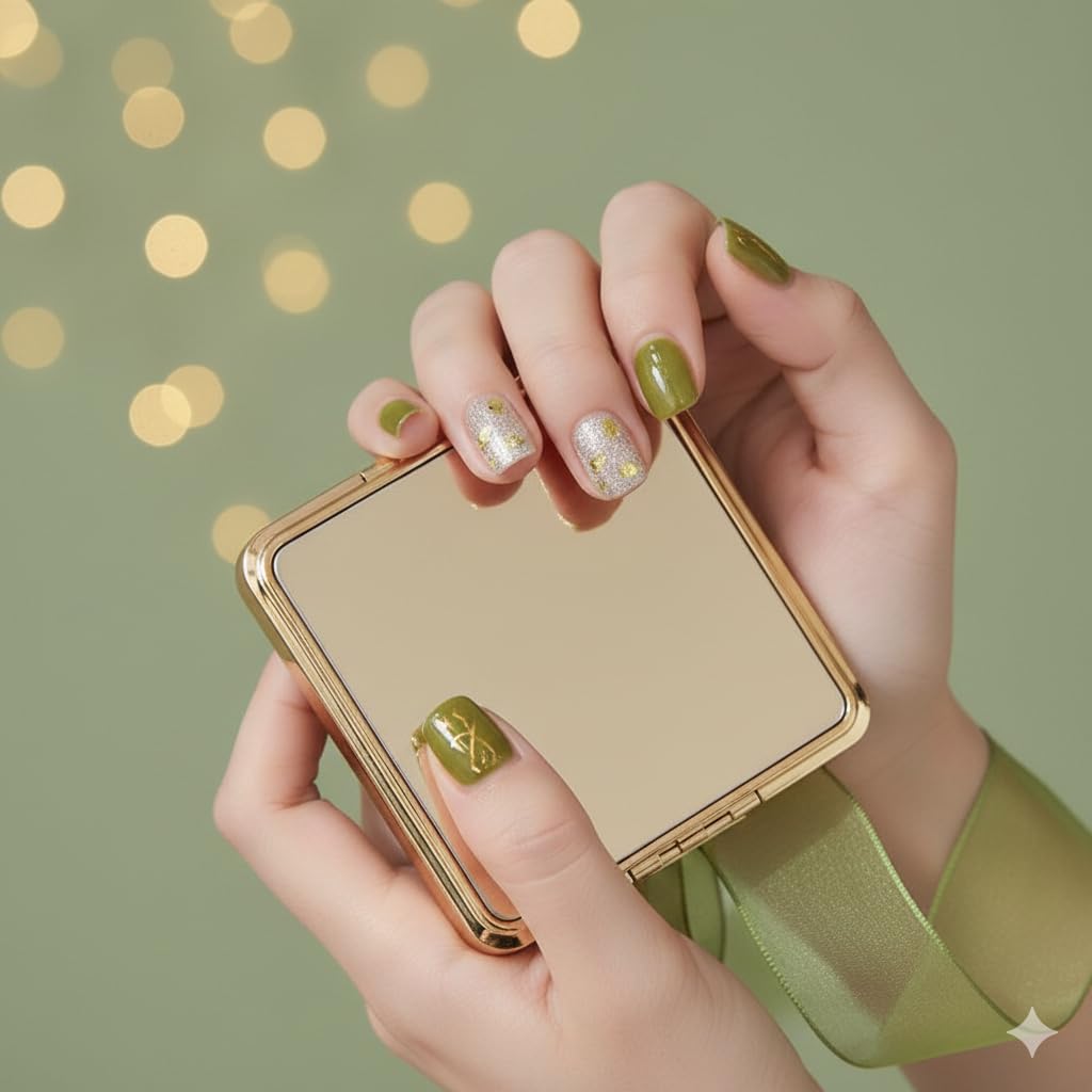 Olive Green Press-On Nails with Gold Glitter Accents -24 Pcs