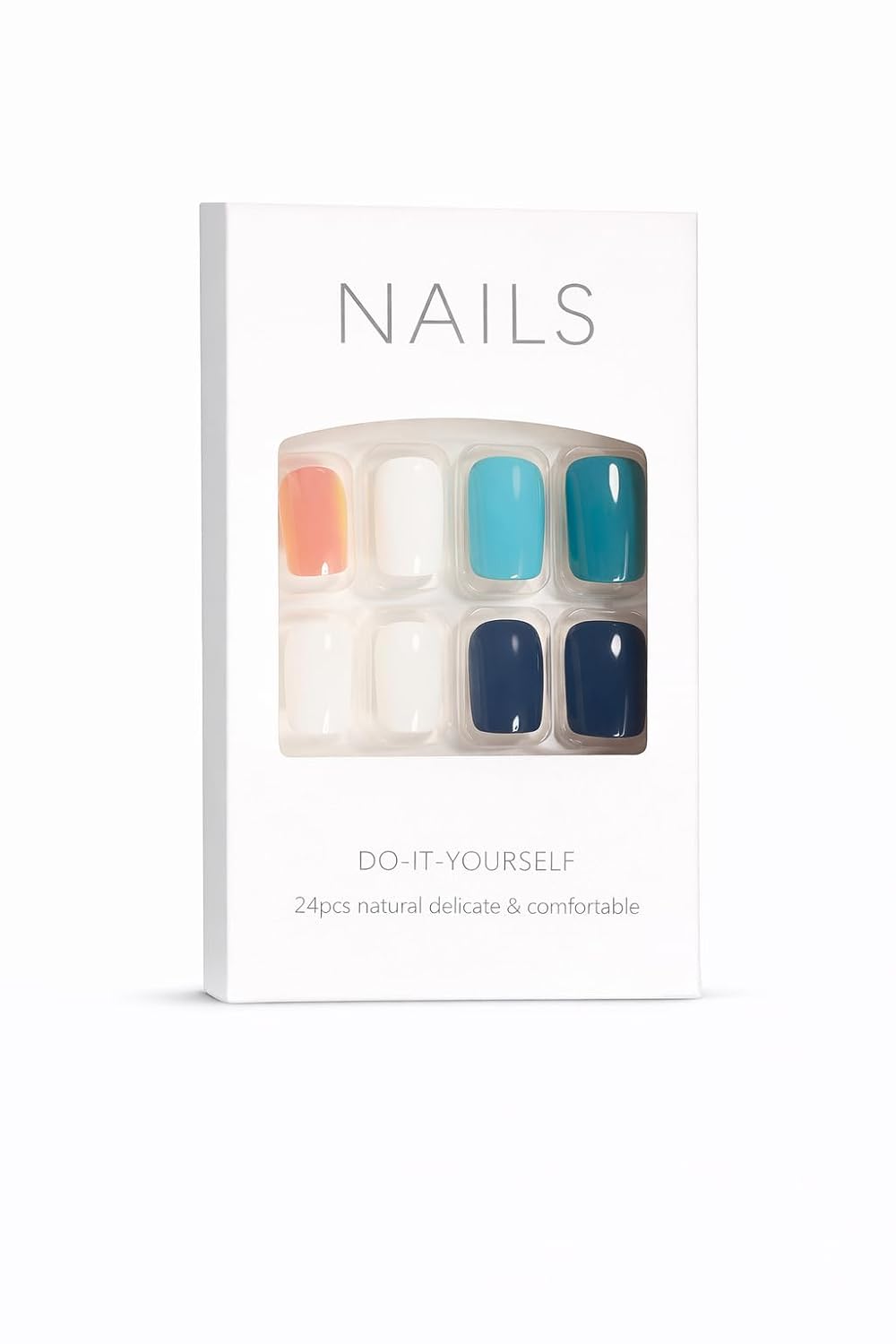 Colorful Mix Press-On Nails - Teal Navy Peach White - 24 Pcs