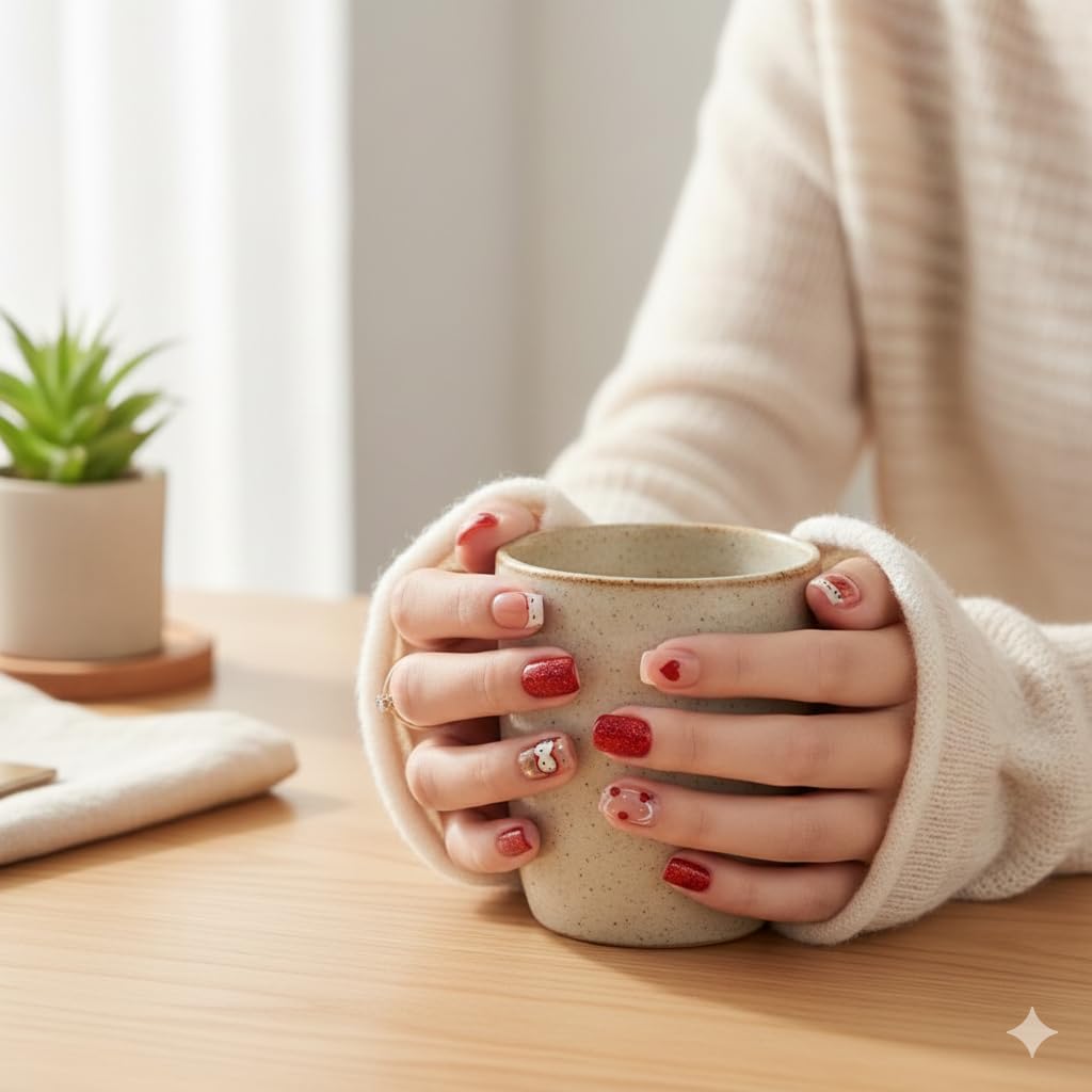 Cherry Blossom Press-On Nails - Nude with Red Cherry & Owl Accents