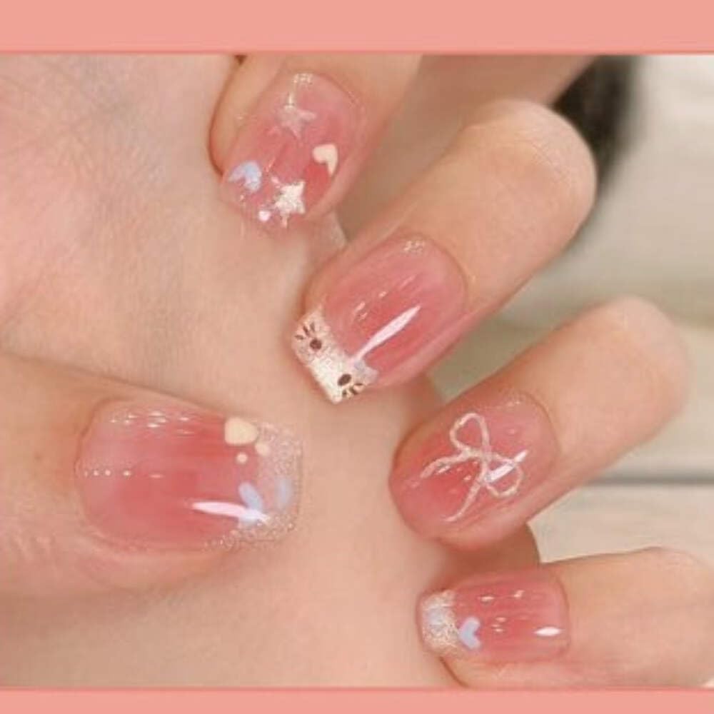 Pink French Tip Press-On Nails - Bow & Star (24pcs)