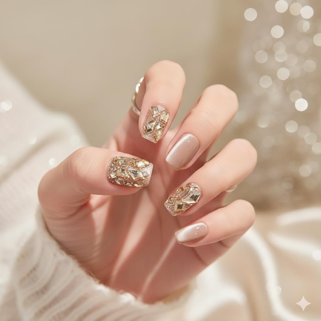 Nude Gold Foil Accent Press-On Nails