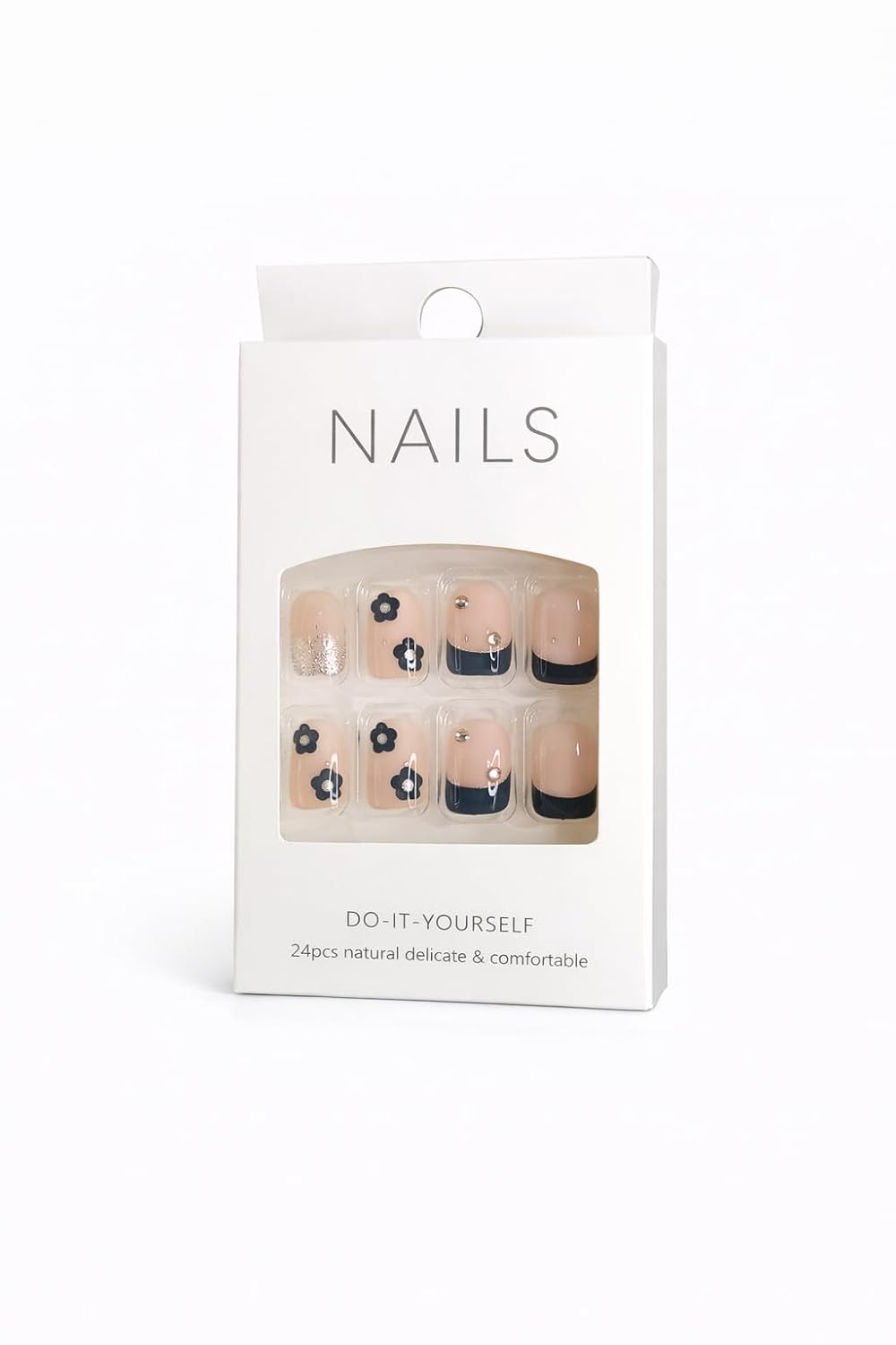 Teal French Tip Press-On Nails - Nude with Deep Teal Tips & Flower Accents