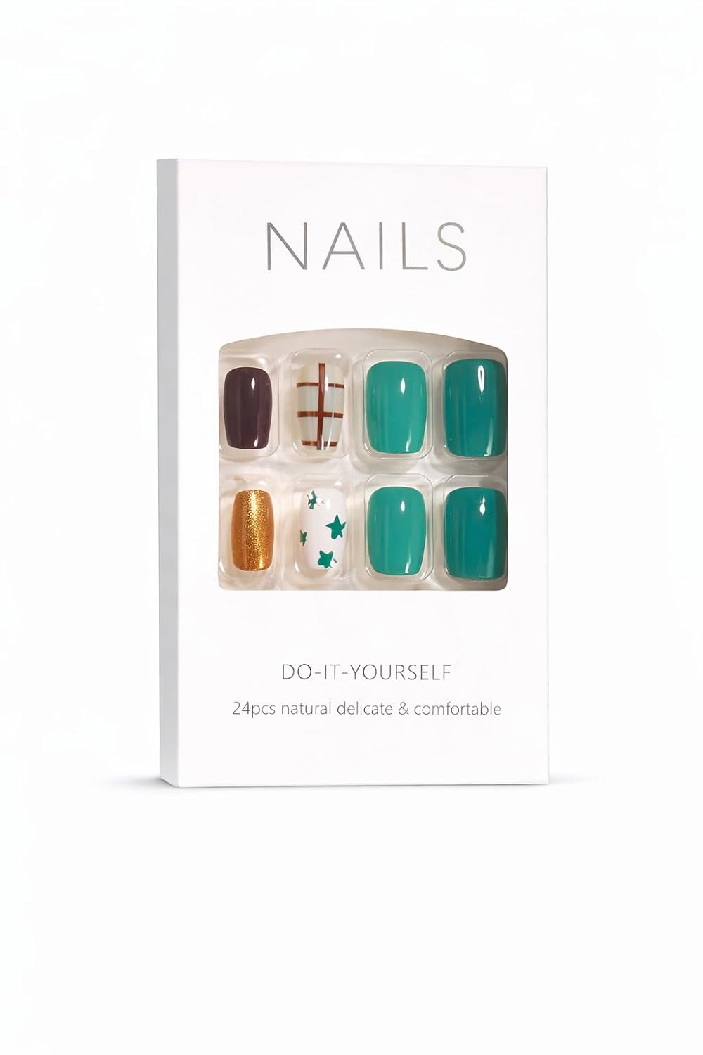 Teal Mix Press-On Nails with Plaid & Star Accents - 24 Pcs