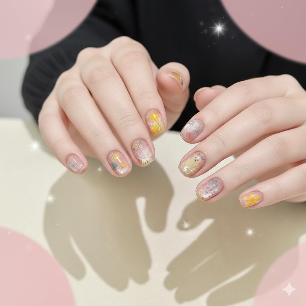 Floral Press-On Nails - Yellow & Pink Cute Design (24pcs)