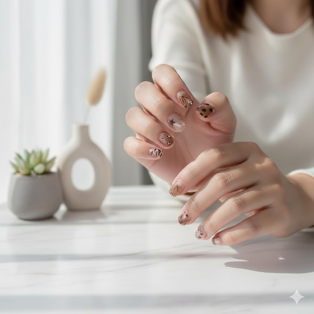 Wild Safari Press-On Nails - Nude with Leopard Print & Zebra Accents