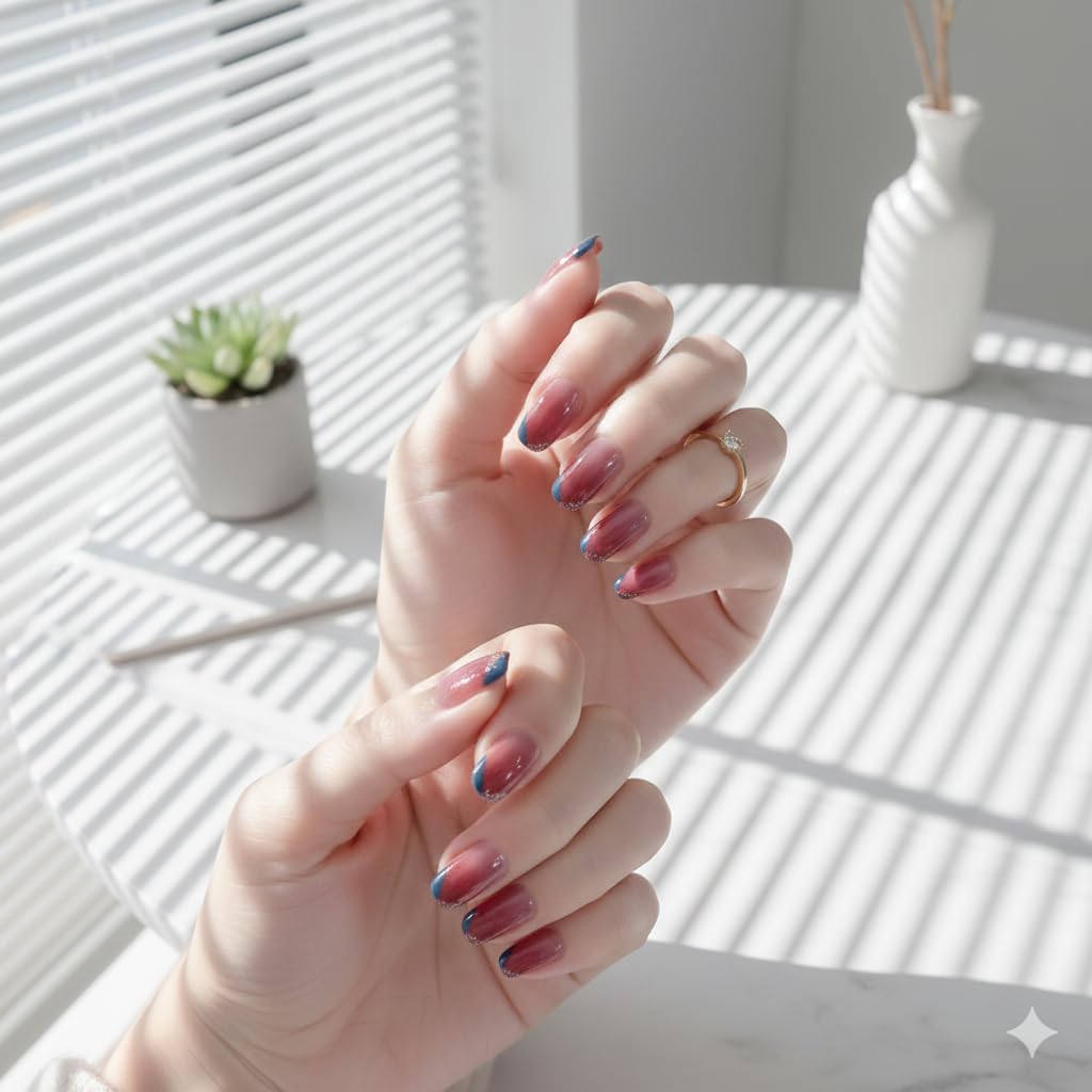 Twilight Sparkle Press-On Nails - Rose to Navy Gradient with Glitter