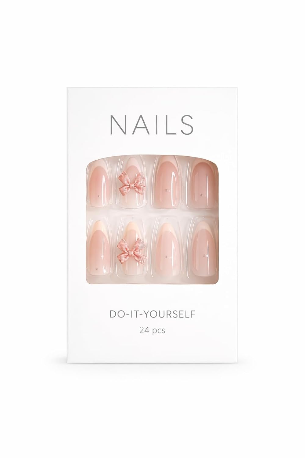 Nude Pink Bow Press-On Nails - Soft Pink with White Tips & 3D Bow Accents