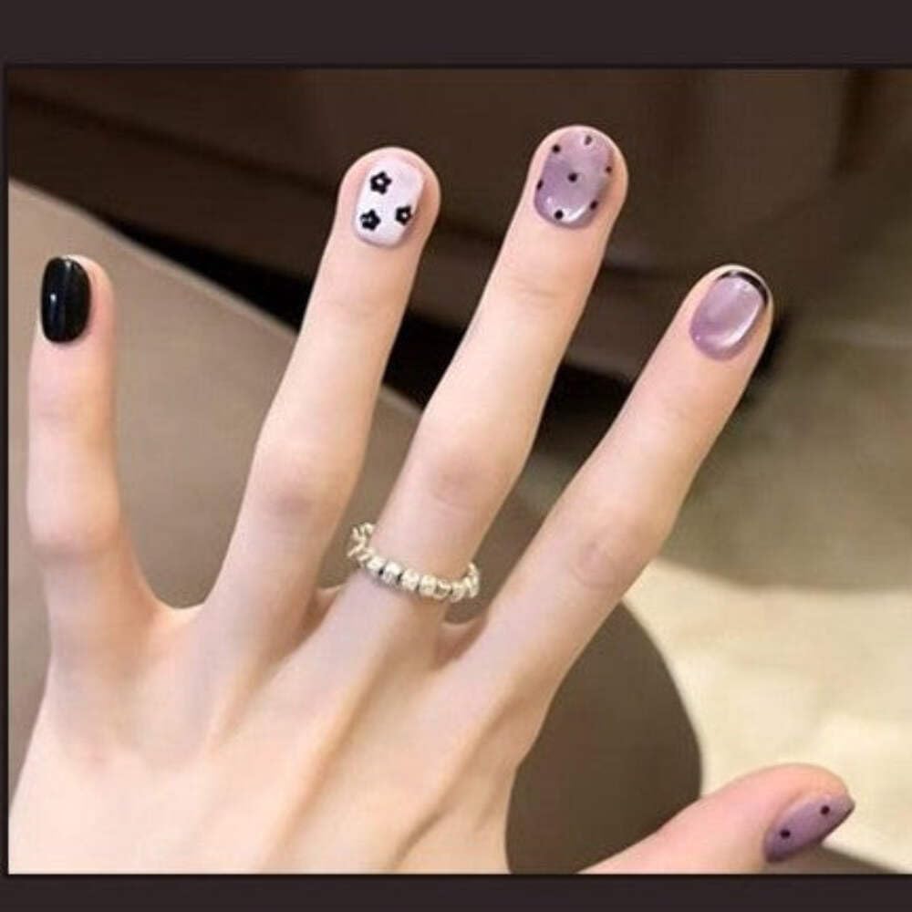 Purple Press-On Nails - Floral & Polka Dot (24pcs)