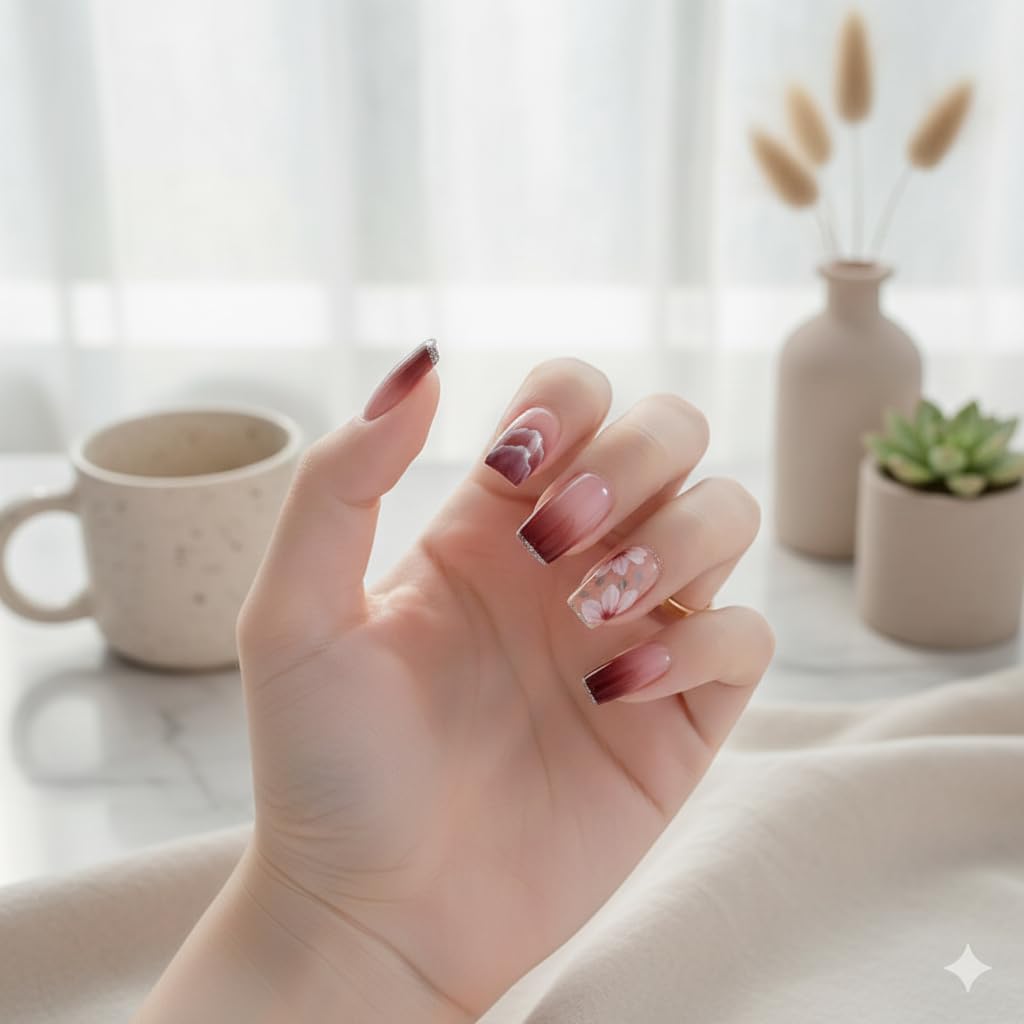 Wine & Roses Press-On Nails - Burgundy Gradient with Floral Accents