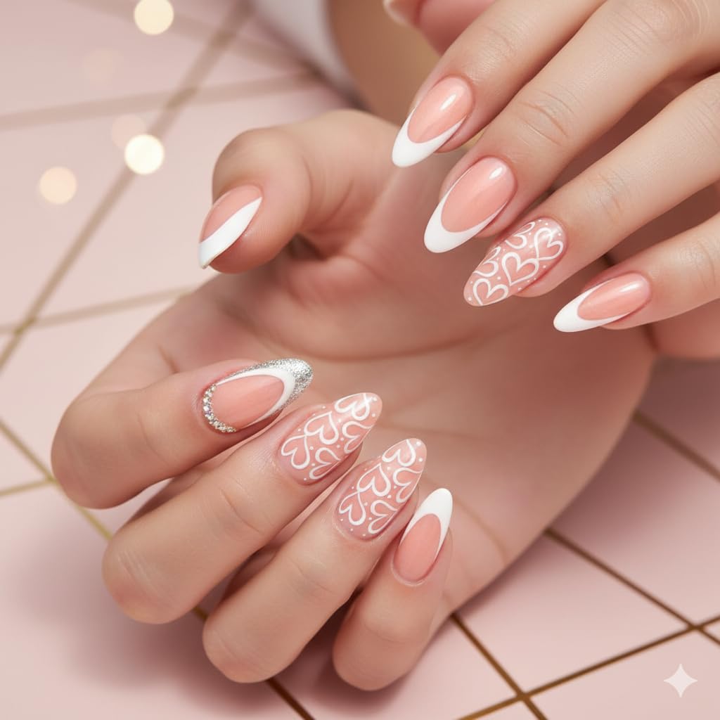 White Heart French Tip Press-On Nails - Nude with White Tips & Heart Art
