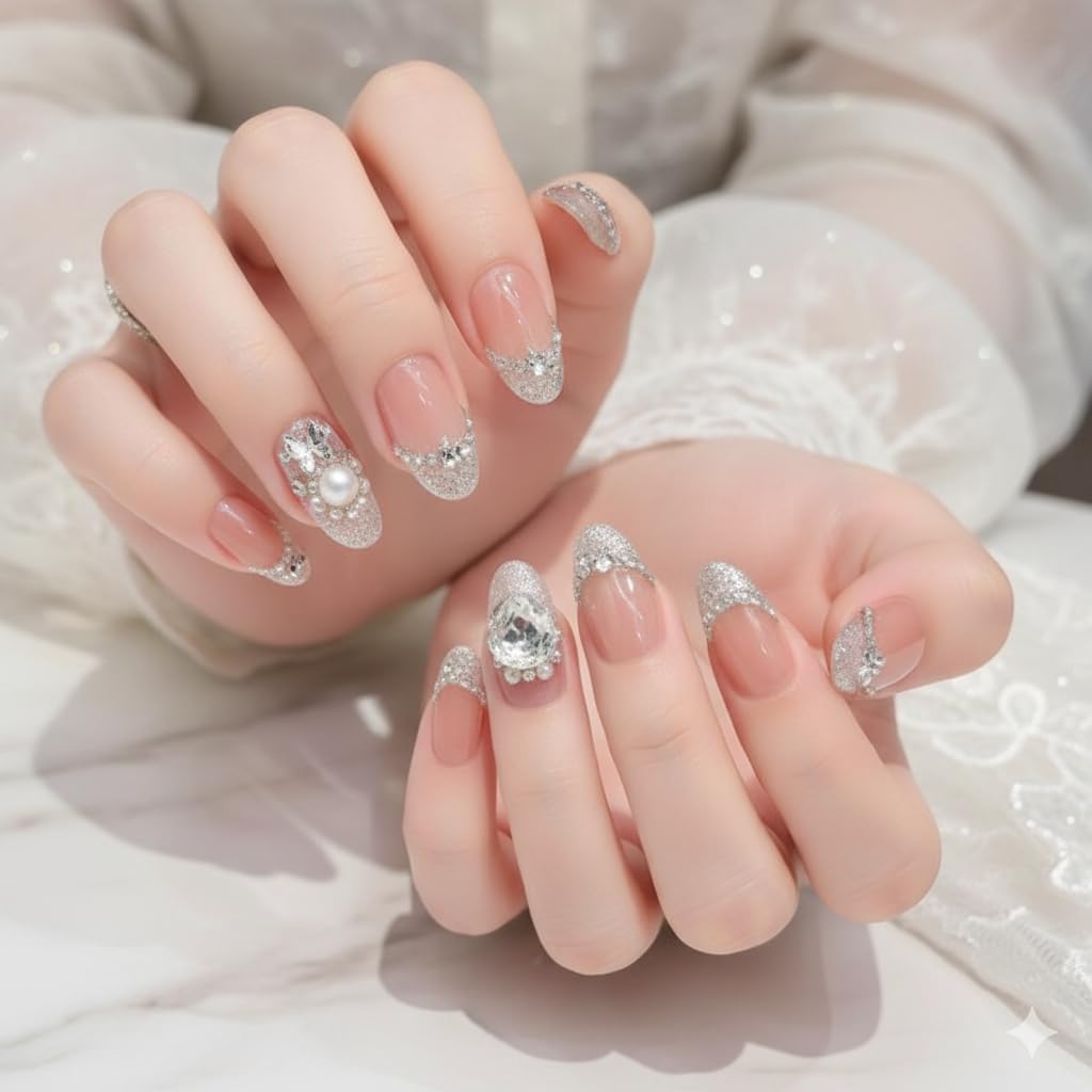 Crystal Elegance Press-On Nails - Nude with Luxe Rhinestone Accents