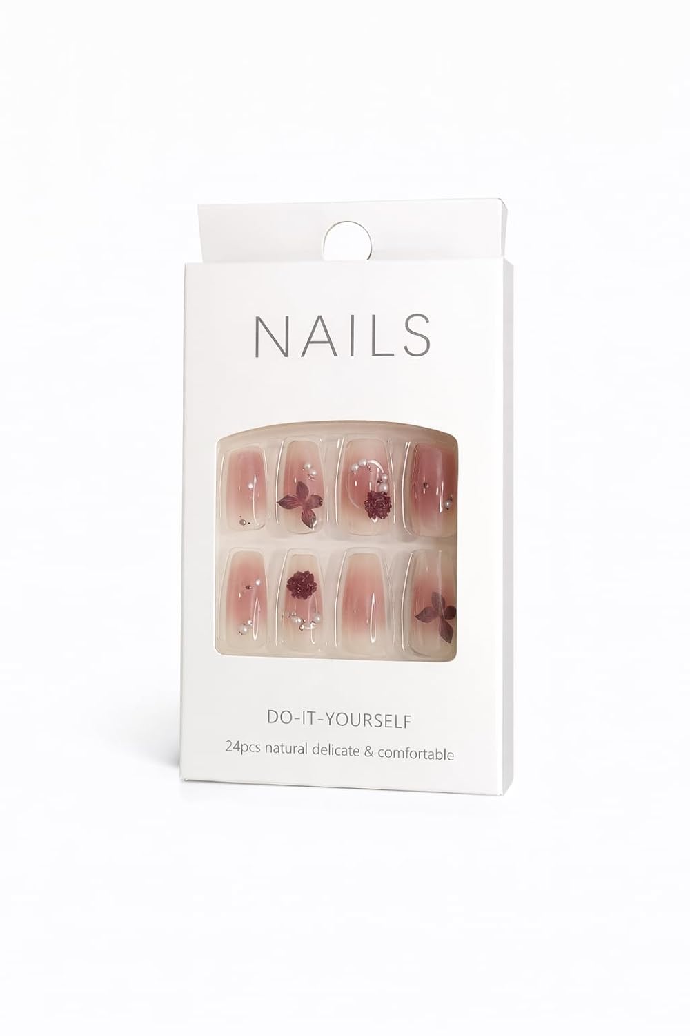 Burgundy Rose Glitter Press-On Nails - Wine Red Gradient with Flower & Crystal Accents