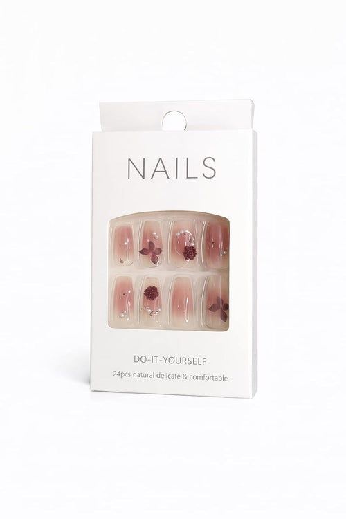 Burgundy Rose Glitter Press-On Nails - Wine Red Gradient with Flower & Crystal Accents