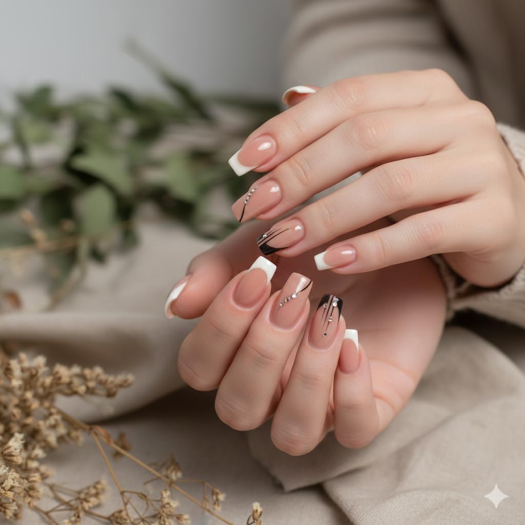 Nude French Tip Press-On Nails - White Tips with Black & Gold Line Accents