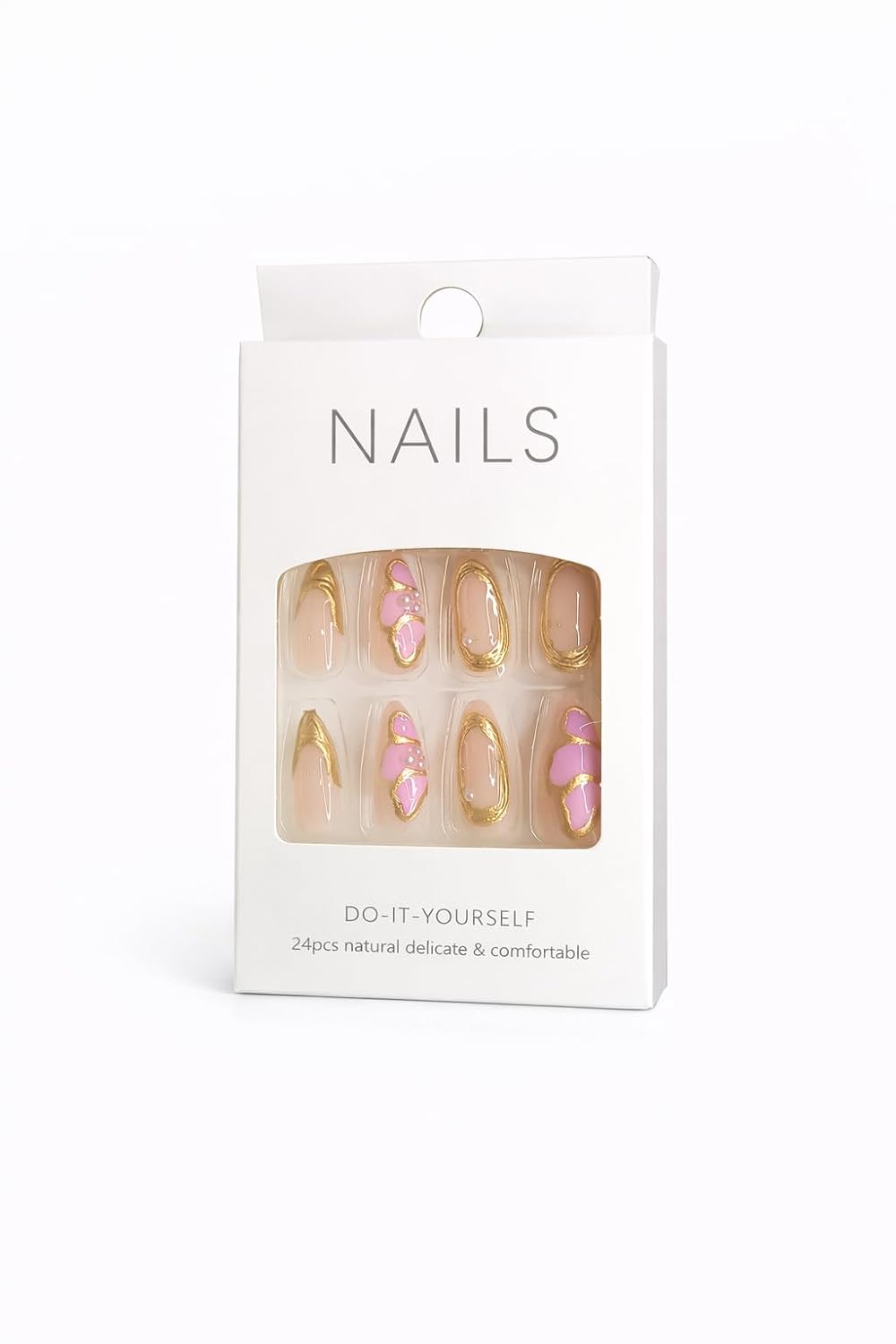 Nude Pink Butterfly Press-On Nails - Soft Pink with Gold Trim & 3D Butterfly Accents