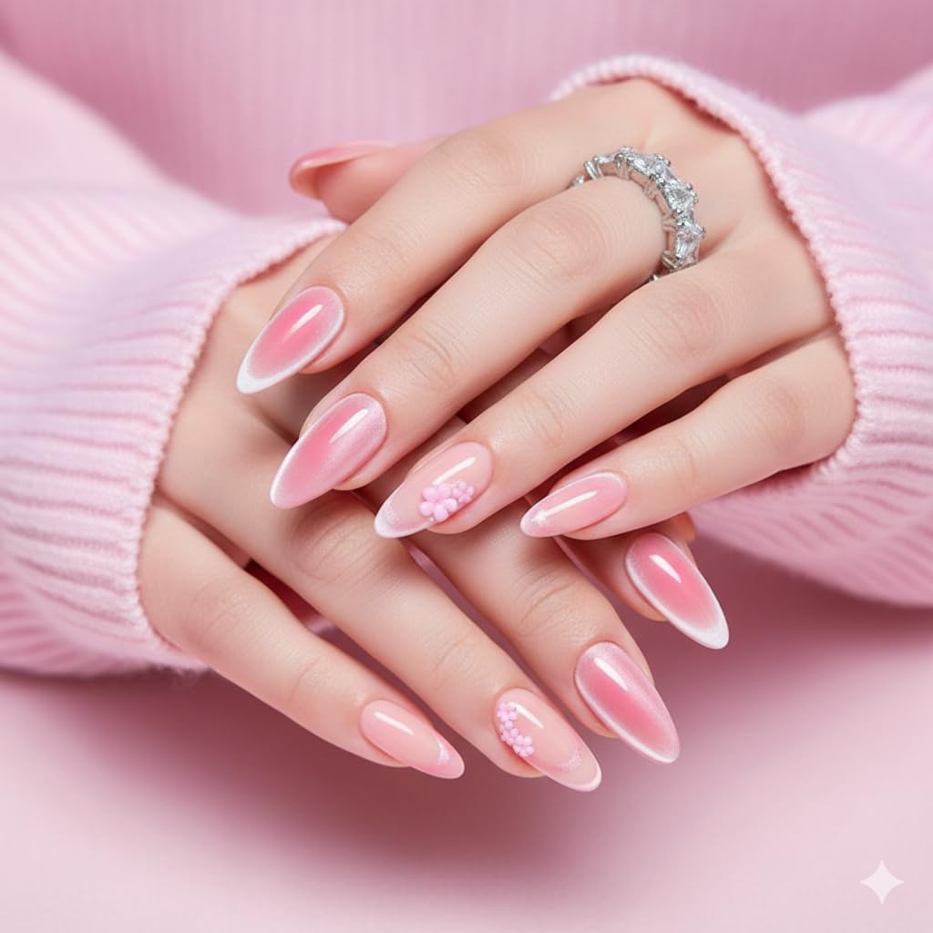 Pink Ombre Flower Press-On Nails - Nude to Pink Gradient with 3D Floral Accents