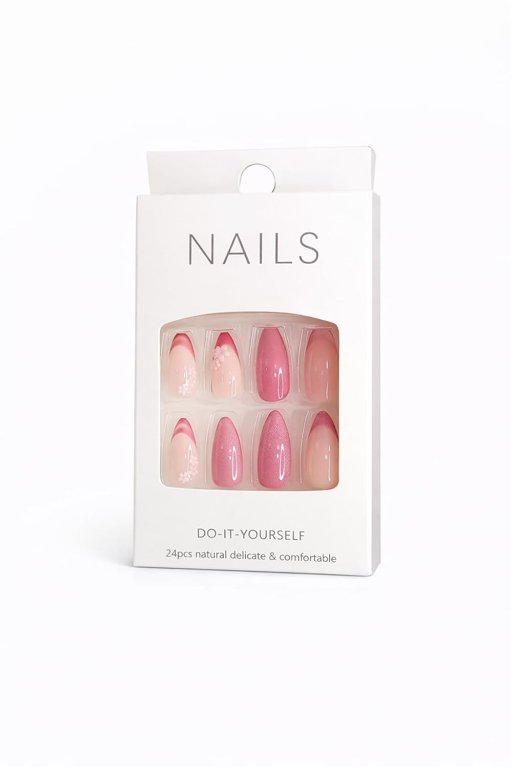 Pink Ombre Flower Press-On Nails - Nude to Pink Gradient with 3D Floral Accents