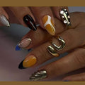 Mustard Blue Swirl Press-On Nails - Navy, Mustard & Nude with Gold Shell & Star Accents