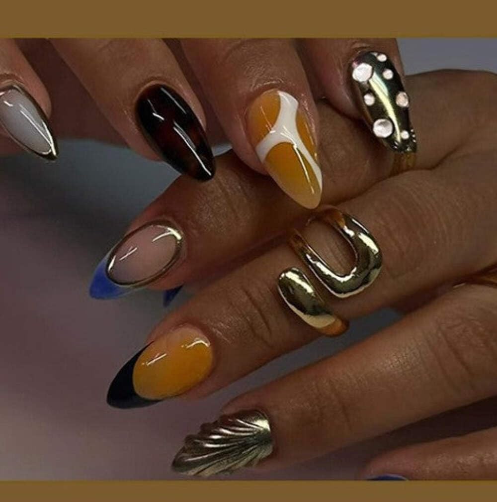 Mustard Blue Swirl Press-On Nails - Navy, Mustard & Nude with Gold Shell & Star Accents