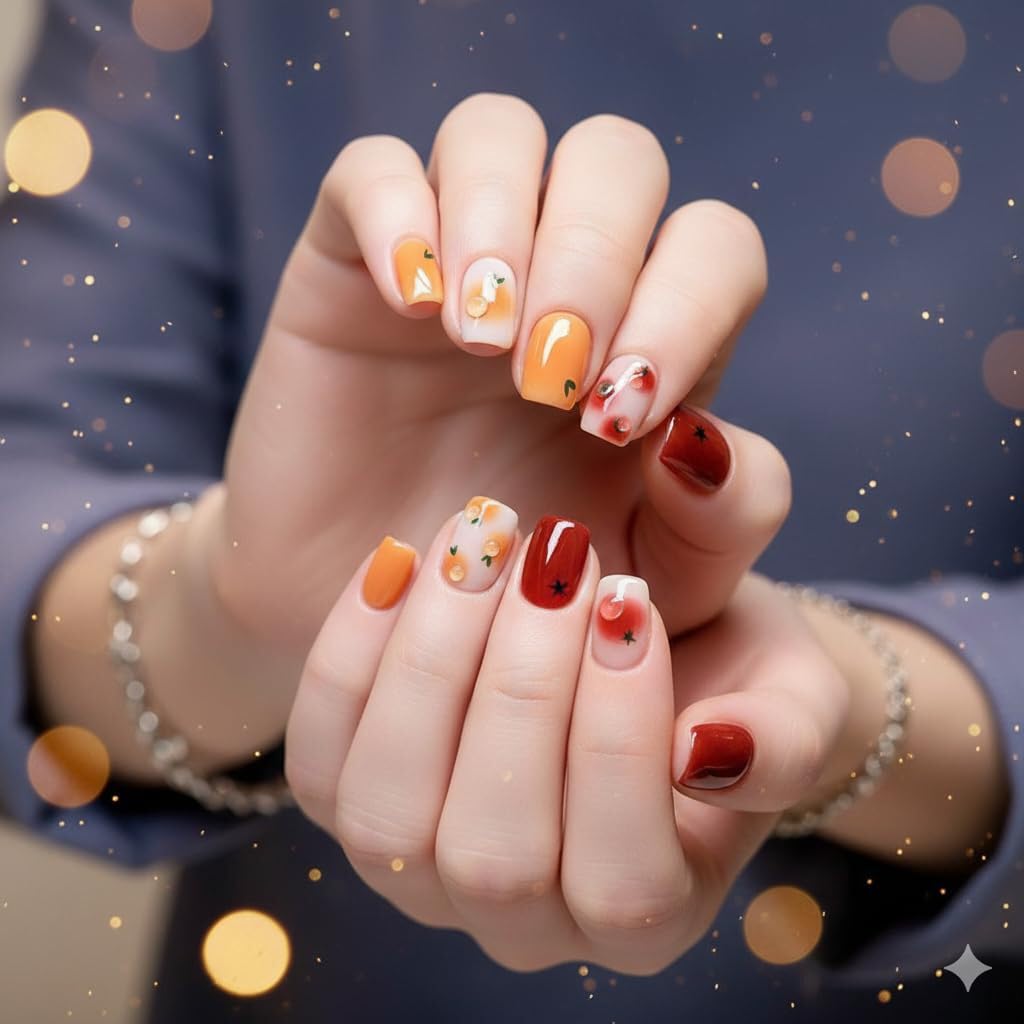 Autumn Fruit Press-On Nails - Orange & Red with Apple & Orange Accents