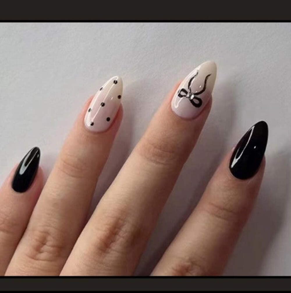 Nude Polka Dot Bow Press-On Nails - Cream with Black Dots & Bow Accents