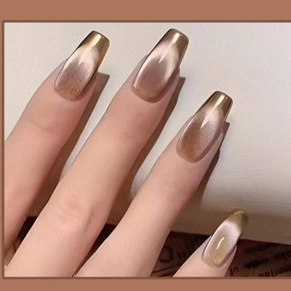 Nude Gold Tip Press-On Nails - 24 Pcs