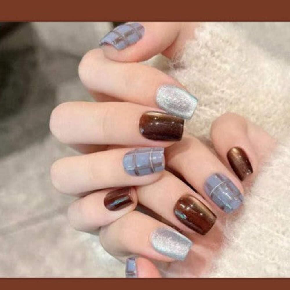 Plaid Press-On Nails - Brown & Silver Glitter