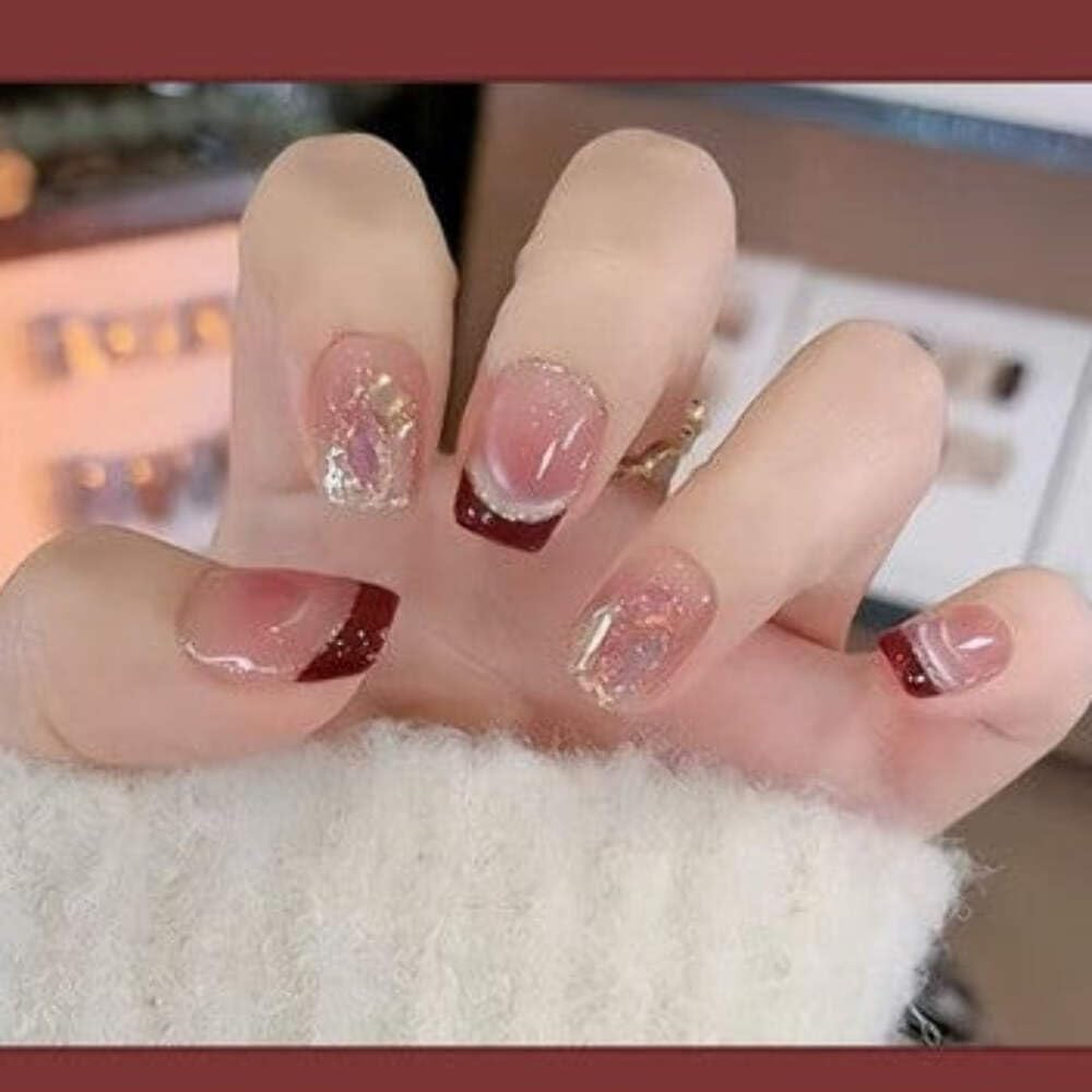 Burgundy French Tip Press-On Nails - Gold Glitter (24pcs)