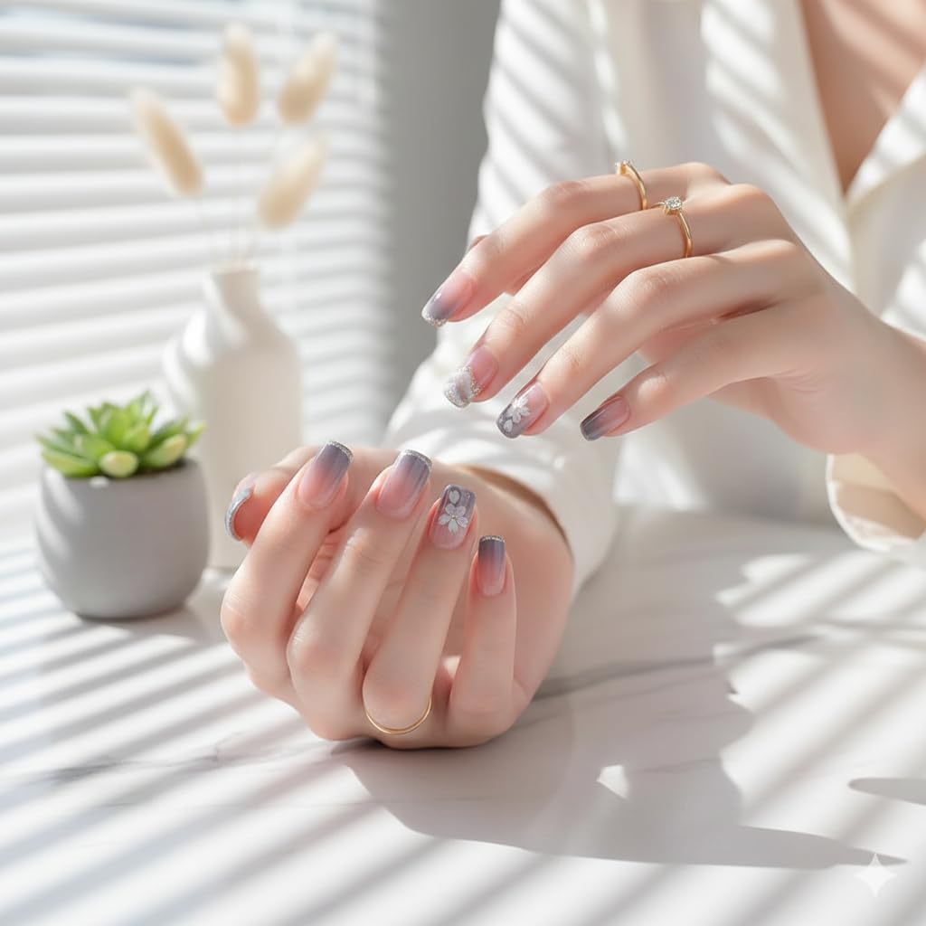 Smoky Lavender Floral Press-On Nails - Grey to Purple Gradient with Flowers