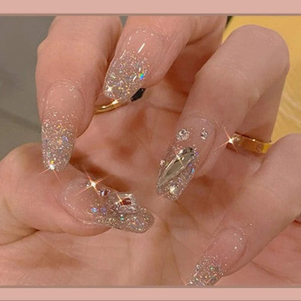 Crystal Glam Press-On Nails - Nude with Silver Glitter & Gem Accents