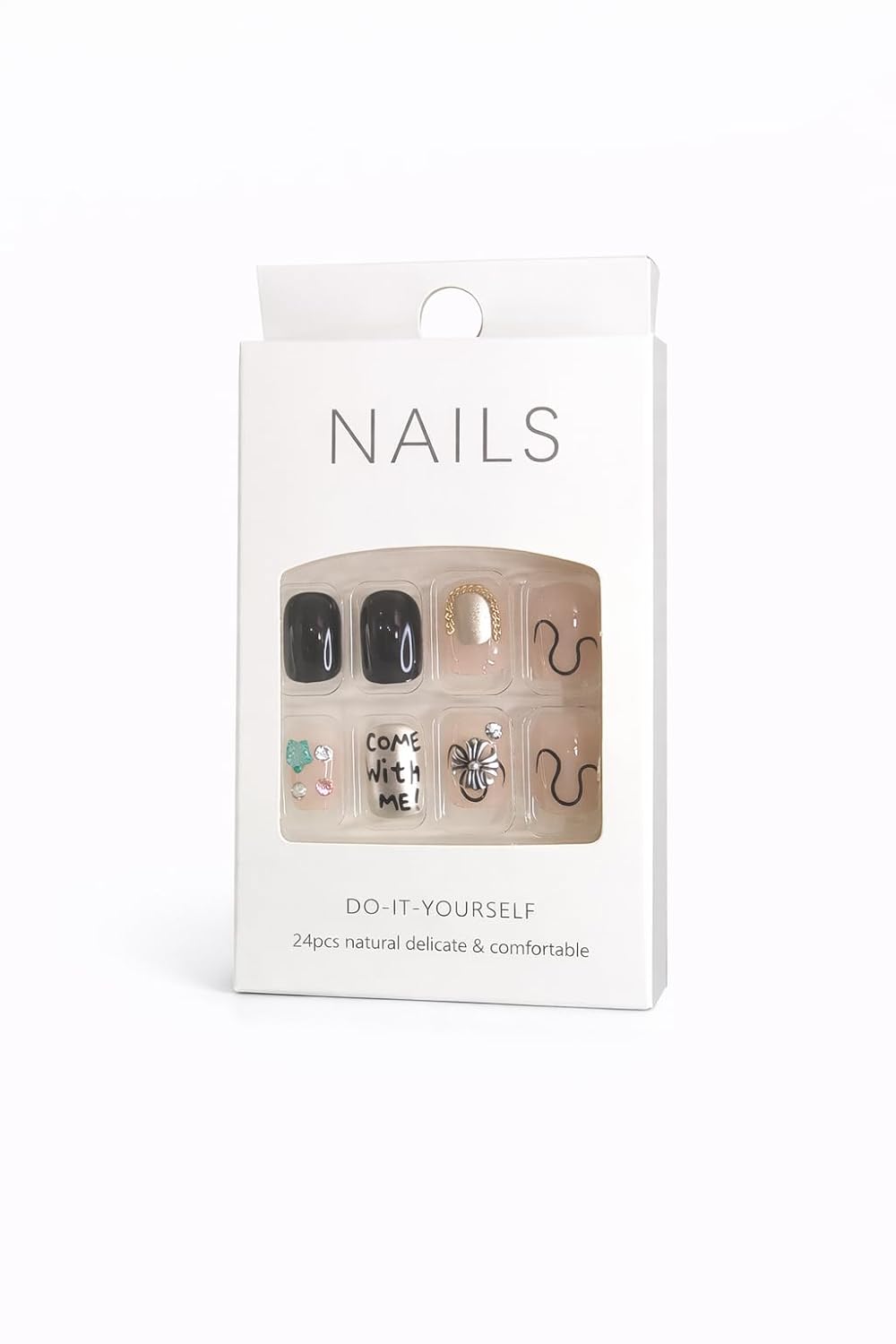 Nude Black Butterfly Press-On Nails - Beige & Black with Butterfly & Flower Art